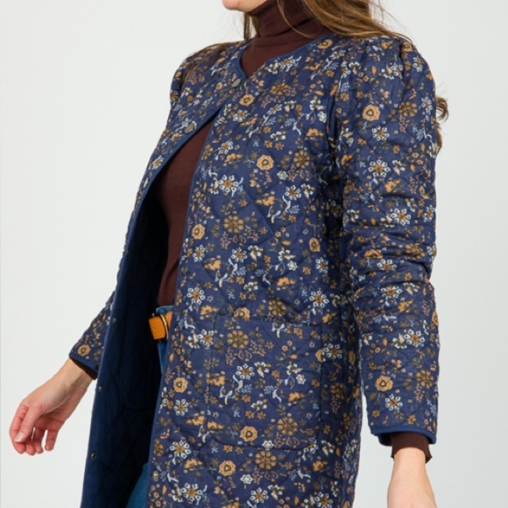 Current Air Floral Quilted Jacket Size M Blue Boho Lightweight Coat Shacket